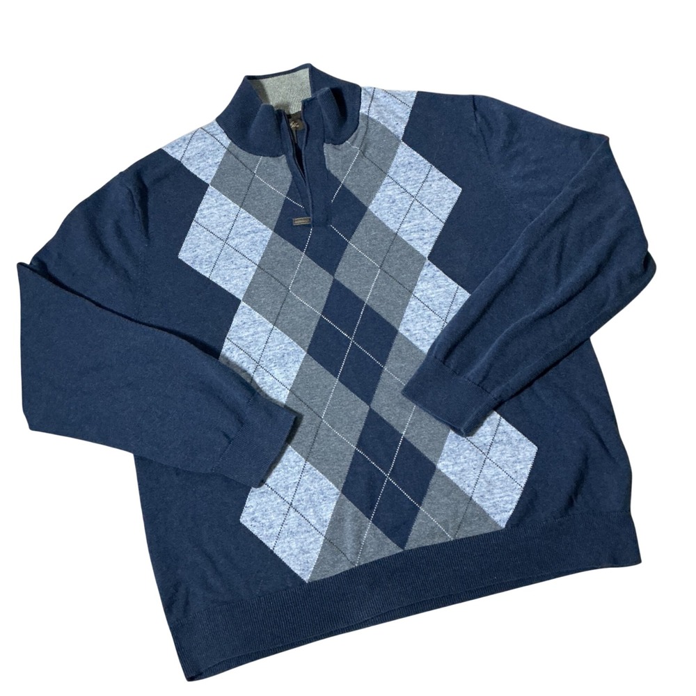 Tasso Elba Argyle Quarter Zip Pullover Mens Medium Blue Cotton Knit Sweater